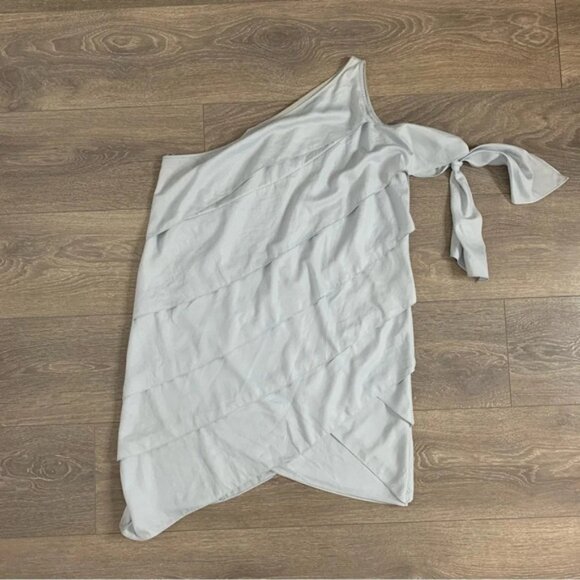 BCBG Women's Mini Dress Tiered Layered Ruffle One Shoulder Tie Sleeve Pale blue - Picture 15 of 16